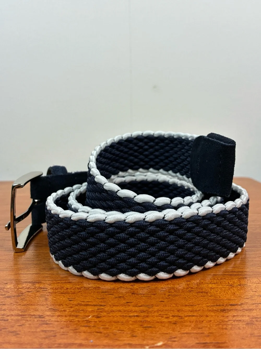 Cremieux Men’s Navy White Braided Stripe Stretch Elastic Belt Size Large 38-40